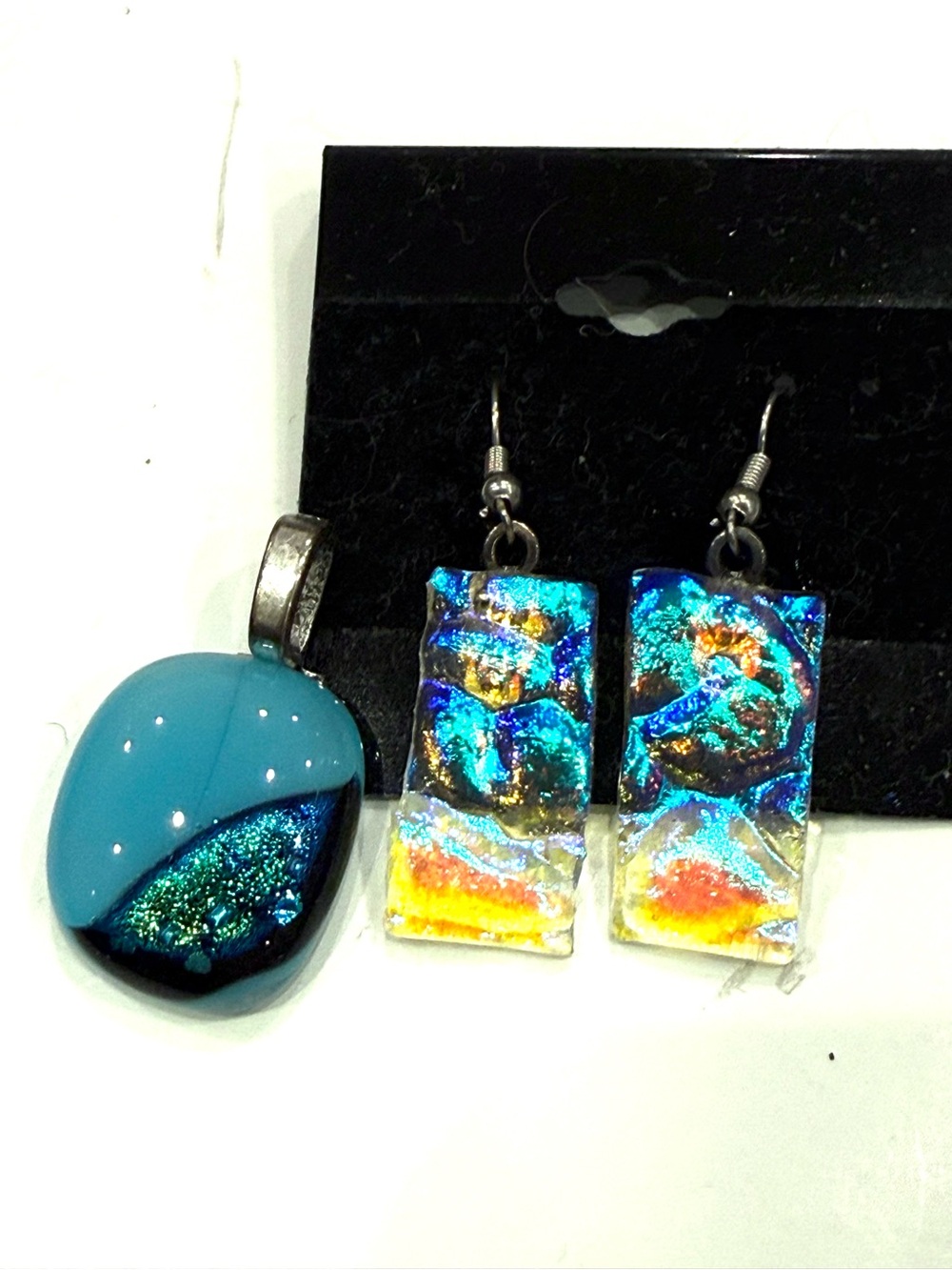 Artisan Fused Glass Pendant Earrings Set Aqua Blue Gold Dichroic Handmade